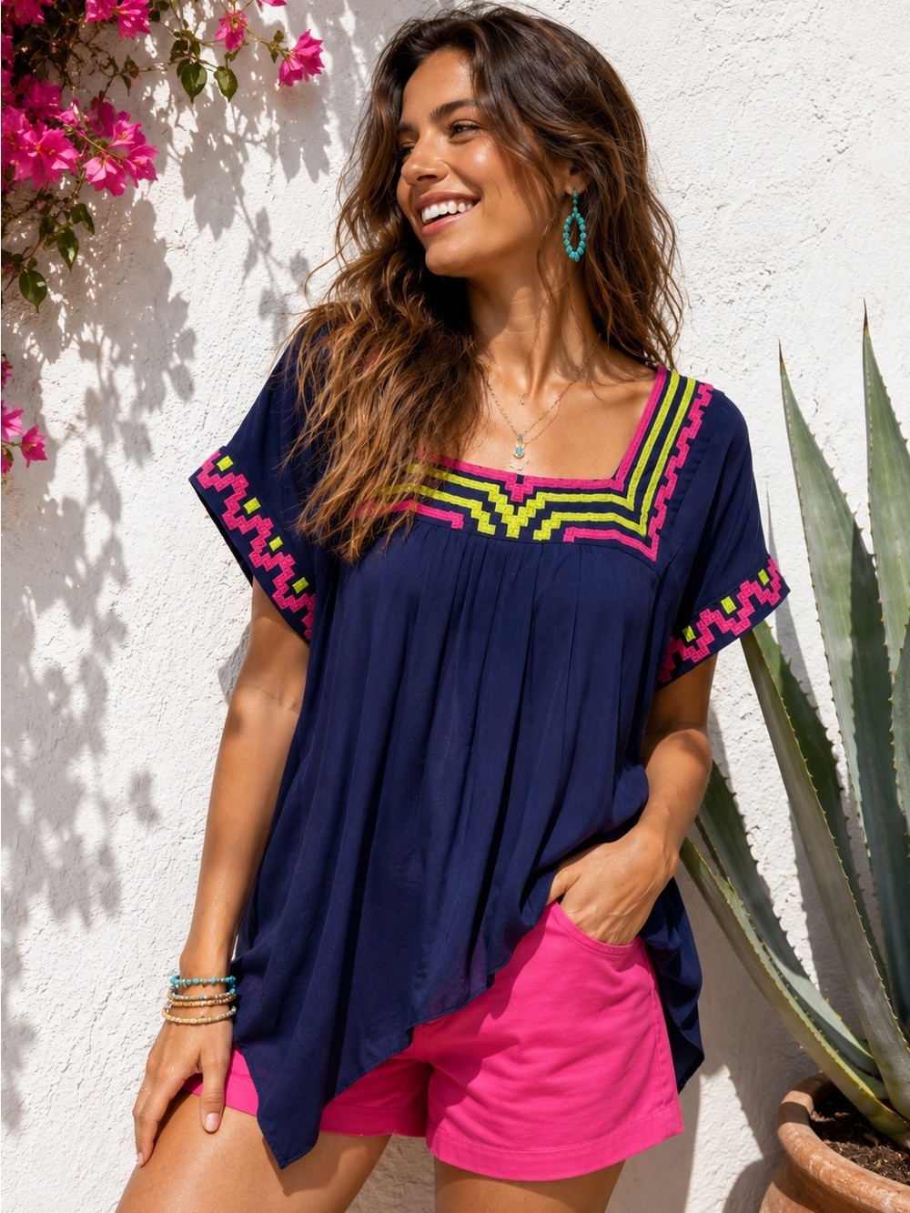 Mara Hoffman Silk Embroidered Tunic Top Petite Small Navy Pink Neon Boho